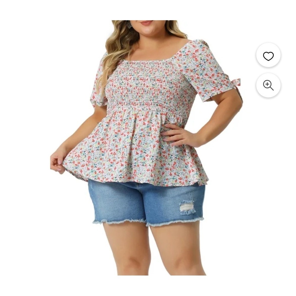 Agnes Orinda Pink Floral Smocked Peplum Blouse Plus Size 4X Short Tie Sleeve Top